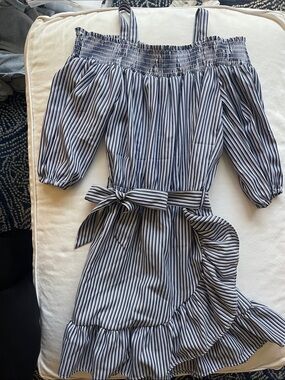 HABITUAL Girls Size 14 Striped Off-Shoulder Belted Wrap Dress - Navy & White